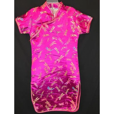 Vestido Cheongsam vintage para niños talla 8 rosa libélulas cuello mandarín mezcla de seda Foto 1 de 4