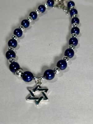 Star of David Dog Necklace Handmade Blue & Silver Beads with Symbolic Charm - Image 1 of 3