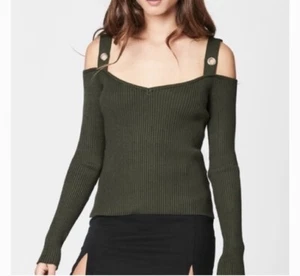 Womens Carmar Ribbed Sweater Size XS Olive Green Long Sleeve Cut Out Shoulders - Picture 1 of 5