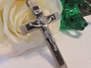 Vintage Antique Nickel & Ebony small Pectoral Religious CROSS ~FREE Ship! - Picture 1 of 10