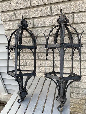 Antique Pair Wrought Iron Gothic Victorian Pendant Lanterns no glass 30" X11" Cover