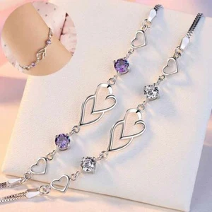 Bracelet Linked Silver Jewellery Womens Girls Fashion Crystal Stone Heart - Picture 1 of 17