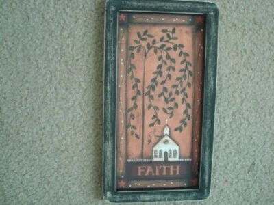  Primitive Country Print *FAITH with CHURCH* hand made black frame 6 1/2" x 12"  - Image 1 of 3