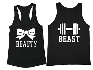 2 FOR 1 SALE: Beauty Beast Matching Couple Tanks Cotton Blend Tank tops Black - Picture 1 of 1