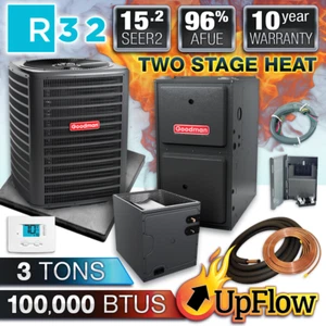 Goodman 3 Ton Air Conditioner & Upflow 96% 100K BTU 2 Stage Gas Furnace System - Picture 1 of 24
