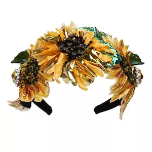 DOLCE & GABBANA Crystal Sequin Sunflower Silk Tiara Headband Yellow Green - Picture 1 of 4