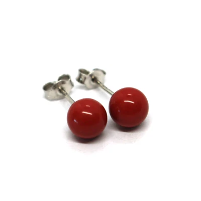 18K WHITE GOLD 7mm SPHERES INTENSE RED RECONSTRUCTED CORAL BUTTON EARRINGS - Image 1 of 4