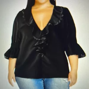 Allegra K Damen XXXL Bluse Rüschen V-Ausschnitt halbtransparent SCHWARZ Chiffon Puff Ellenbogen - Bild 1 von 11