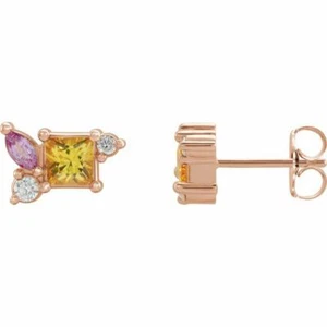Pendientes de diamantes de zafiro amarillo, zafiro rosa y 1/8 CTW en oro rosa de 14 K - Imagen 1 de 3