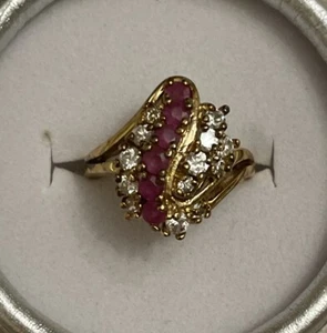 Vintage Ruby and Cubic Zirconia Cluster Cocktail Ring SETA Gold Tone Sz 5.75 - Picture 1 of 12
