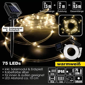 Solar 75 LED Lichterschlauch 7,5 m Außen Innen Party Lichtschlauch IP44 warmweiß - Bild 1 von 1
