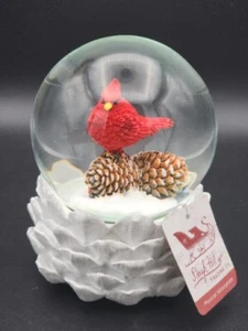 Musical Snow Globe Red Cardinal Bird On Pine Cones Wish You A Merry Christmas - Picture 1 of 15