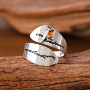 Cute Robin Bird Ring Adjustable Silver Spirit Animal Branch Punk Open Rings NEW - Picture 1 of 6