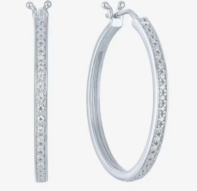 NWT Sterling Silver 1/10ctw Real Diamond  1 " Round Hoop Earrings - Image 1 of 2