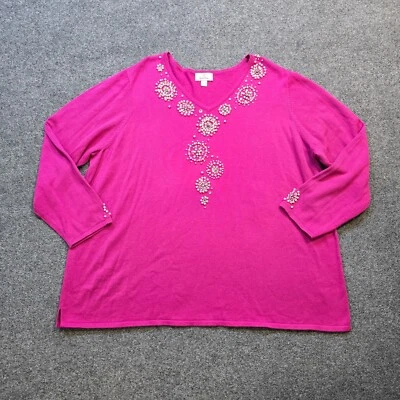 Quacker Factory Sweater Women Size 3X Pink Beaded Pearl Knit Rhinestones Casual - Image 1 of 4