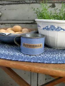 Antica tazza di latta blu Calico etichetta latticello - Foto 1 di 9