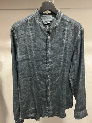 John Varvatos Artisan Men’s Small Blue Linen Blend Band Collar Button Shirt - Image 1 of 4