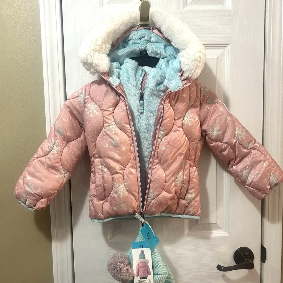 Snozu Girl's Fleece Inner Bib Puffy Down Jacket and Knit Hat Pink Ombre 4t