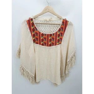 Lovestitch Cream Tulum Fringe Top Boho Embroidery Oversized Fit Women Small NWT - Picture 1 of 7