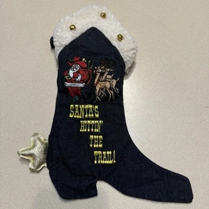 Cowboy Boot Christmas Stocking Santa’s Hittin’ The Trail! Embroidered Bells - Picture 1 of 10