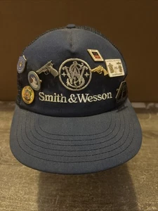 Vintage Smith & Wesson Navy Blue Snap Back Hat Cap w 8 Pinback Buttons - Picture 1 of 18