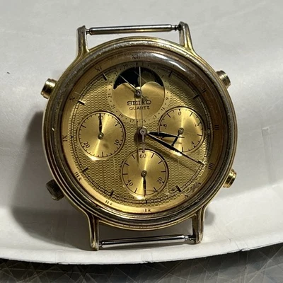 Seiko 7A48-702A Quartz Moonphase Chronograph Gold Honeycomb Dial 37mm Case VTG - Image 1 of 4