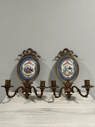 Antique Pair of French Bronze and Porcelain Sevres Foliage Ribbon Wall Sconces Cover