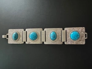 Vtg Southwest Etched Silver Tone Square Panel Faux Turquoise Wide Bracelet 7 in - Picture 1 of 9