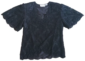 80s Laurence Kazar Top Women L Black New York Beaded Wedding Shoulder Pads Shirt - Picture 1 of 7