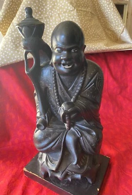 Antigua estatua china tallada de madera marrón oscuro de Buda feliz (15+1/2 pulg.) Foto 1 de 4