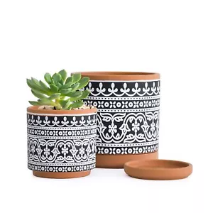 Set of 2 Terracotta Pots Wave Pattern 4" & 6" with Drainage Black - Picture 1 of 7