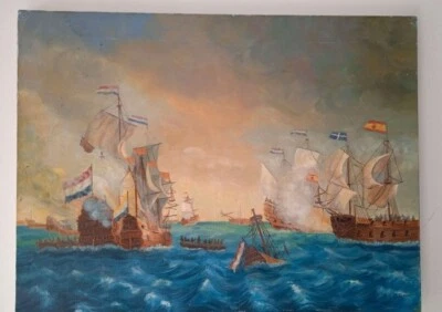 Grande peinture sur toile signée bataille Navale Militaire XX ème - Photo 1/4