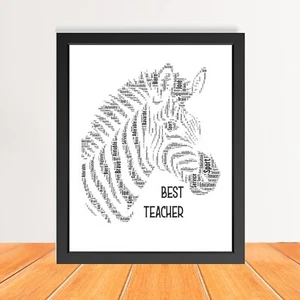 Personalised Zebra Word Art Frame Print | Best Teacher Word Gift Print A5/A4/A3 - Picture 1 of 9