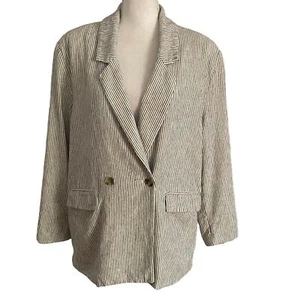 Old Navy Size L Linen Blend Striped Blazer Jacket Pockets Lined Blue Natural - Picture 1 of 6