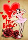 Personalised Retro/Pin-Up/Girl/Flowers/Roses/Love Heart Birthday Card