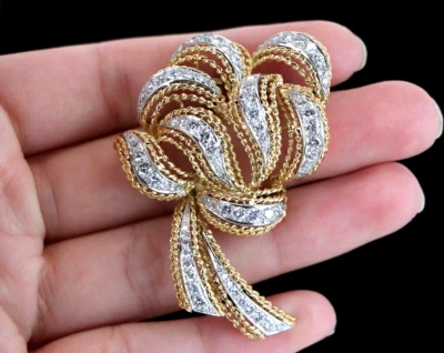 Broche prendedor cuerda diamante conjunto pavé platino oro amarillo 18K vintage $12,200 Foto 1 de 4