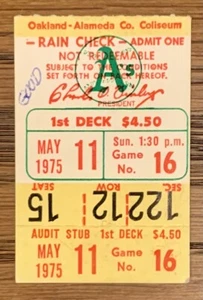 1975 Vida Blue Win #77, Thurman Munson 3 Hits Ticket Stub Yankees Athletics 5/11 - Picture 1 of 2