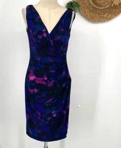 Lauren Ralph Lauren Size 8 Floral Faux Wrap Pullover Ruched MIDI Dress Black B - Picture 1 of 14