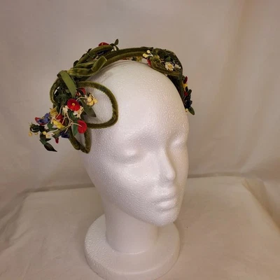 Vintage Headpiece/Headband Velvety Green Leaves With Small Flowers On Both Sides - Image 1 of 4