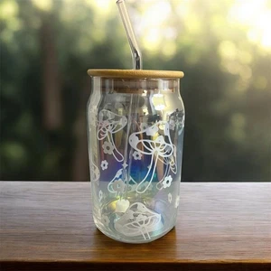 Pilz 16 Unzen Glas Tasse mit Bambus Top und Glas Strohhalm - Bild 1 von 1