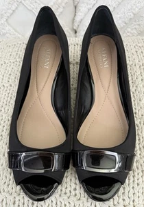 Alfani Carterr Step N Flex Open Peep Toe Wedge Black Size 9 Shiny & matte Buckle - Picture 1 of 11