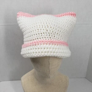 Katzenohr Beanie Häkelmütze weiß rosa Streifen Handarbeit Strick Kätzchen weich Winter - Bild 1 von 16