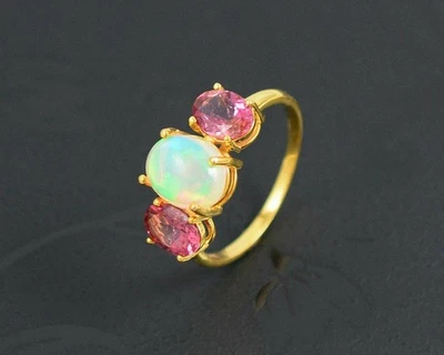 Natürlicher Äthiopischer Opal Und Rosa Turmalin 14K Gelbgoldring I654 - Bild 1 von 4