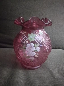 Fenton Art Glass Vase Floral Ruffle Signed Griffitis 2000 Hand Painted Cranberry - Picture 1 of 11