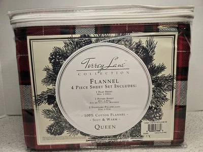 Juego de sábanas de franela Torrey Lane Queen tartán a cuadros rojo 4 piezas - Nuevo Foto 1 de 4