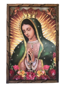 Virgen De Guadalupe Con Rosario Imagen Cuadro Rustico 36"x24" Madera - Picture 1 of 2