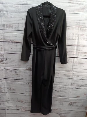 Adrianna Papell Jumpsuit Women's Sz. 8 Sequined Crepe Tuxedo In Black - Image 1 of 4
