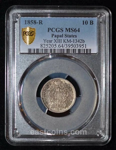 PCGS MS64 1858-R year XIII Italian PAPAL STATES Pius IX Silver 10 Baiocchi -TOP! - Picture 1 of 4