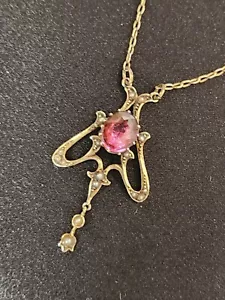 Antique 9ct Rose Gold Garnet & Seed Pearl Pendant On Chain. c1900. - Picture 1 of 16
