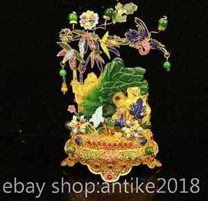 7.6" Chinese Qianlong Marked Copper 24K Gilt inlay Green Jade flower Statue - Picture 1 of 9